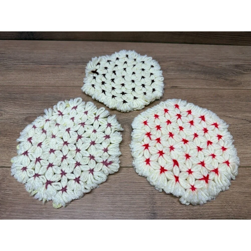 Vintage Hand Crocheted Pot Holders Trivets Blue White & Orange - Lot of 9 Pcs